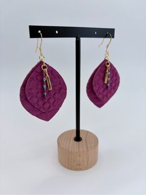 Handcrafted magenta Layered Teardrop Earrings with 14k gp hooks and Gold Accents